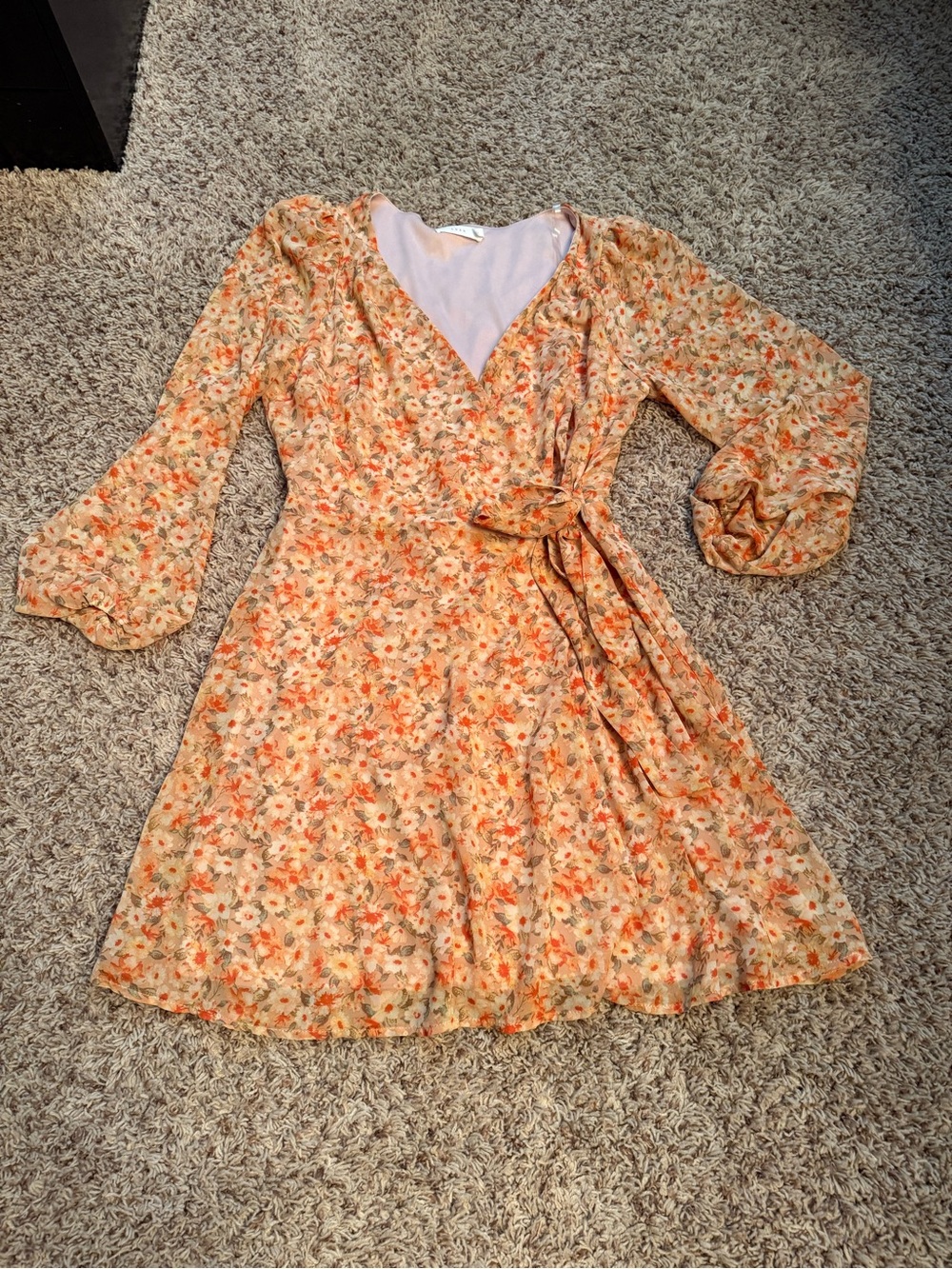 Lush Orange Floral Long Sleeve Wrap Dress